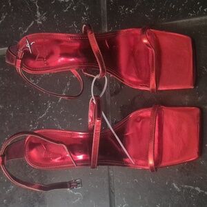 New Marc Fisher Dalida Red  Leather Ankle Strap Heeled Sandals